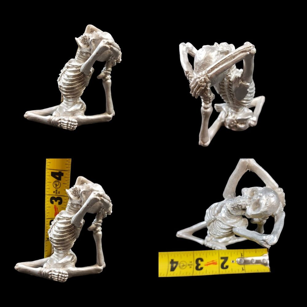 Yoga Meditation Pose Skeleton Skull Figurine 4" Silver Resin Painted Decor